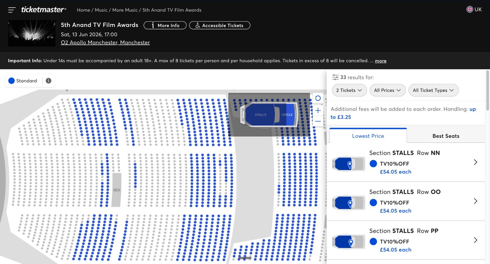 Ticketmaster seat map on 19 May 2026 with 33 listings available for two tickets