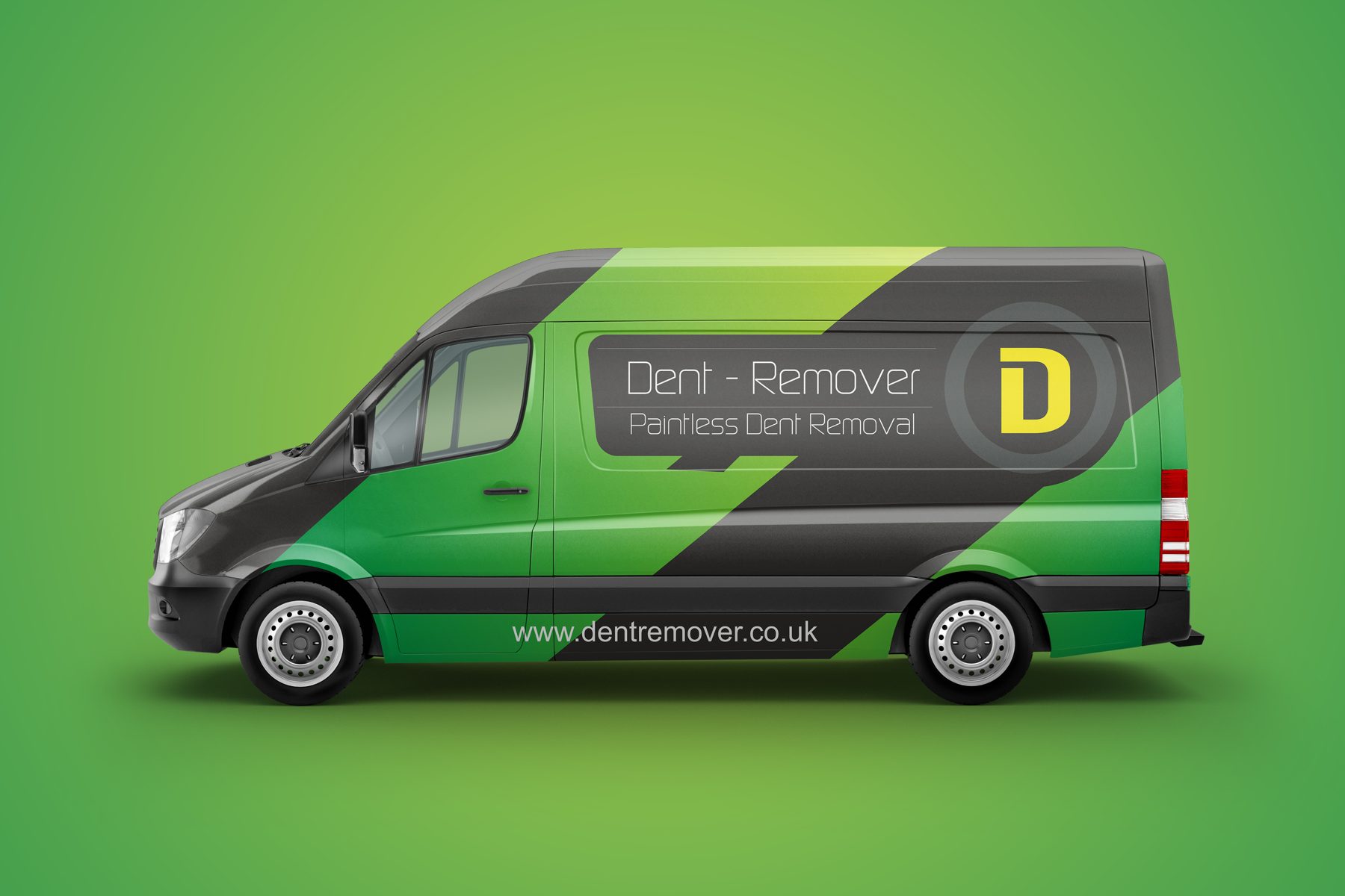 Dent-Remover van with green and charcoal stripe livery