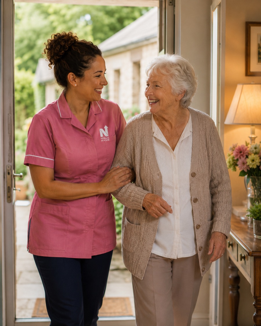 A Neways helper walking arm in arm with a client through a doorway